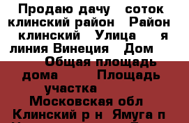Продаю дачу 8 соток клинский район › Район ­ клинский › Улица ­ 9-я линия Винеция › Дом ­ 157 › Общая площадь дома ­ 52 › Площадь участка ­ 800 - Московская обл., Клинский р-н, Ямуга п. Недвижимость » Дома, коттеджи, дачи продажа   